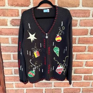 Fun, spirited, merry, happy, holiday sweater, excellent condition size: large/xl